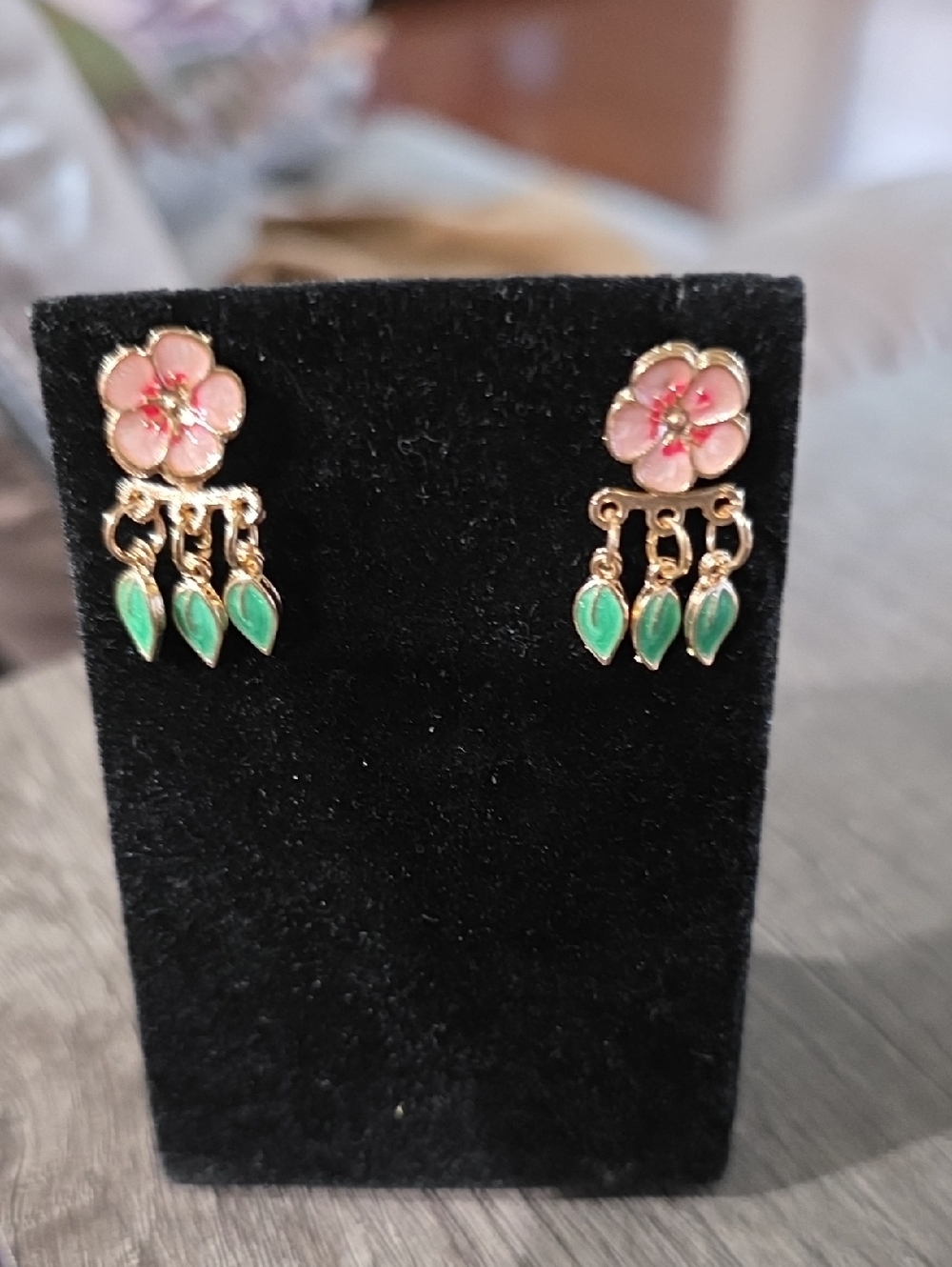 Floral Pink Enamel Flower Drop Earrings with Green Leaf Dangles